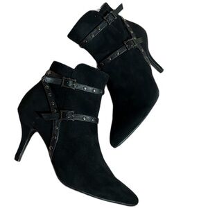 Neiman Marcus Kalm Suede Studded Ankle Bootie size 7 Black/DarkSilver